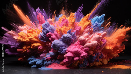 Dynamic burst of vibrant colored powders creating an explosive display of energy and motion against a dark backdrop.