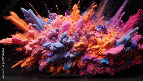 Dynamic burst of vibrant colored powders creating an explosive display of energy and motion against a dark backdrop.