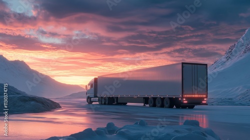 A white semi-trailer parked at sunrise, with a soft glow reflecting off its surface and snowy surroundings photo