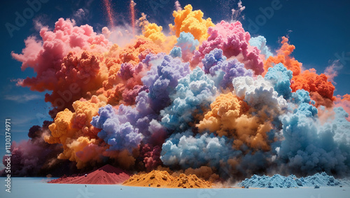 Dynamic burst of vibrant colored powders creating an explosive display of energy and motion against a dark backdrop.