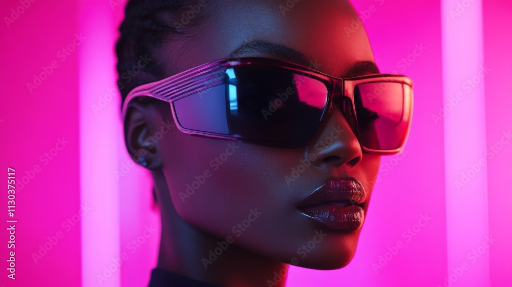 Fototapeta premium Side view of a woman wearing oversized black sunglasses in neon lighting