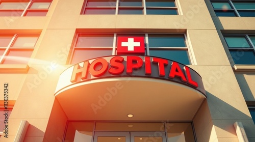 Bright illuminated hospital sign with cross symbol on modern building facade