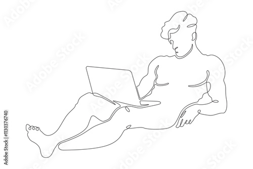 Continuous one line drawing young man sitting with laptop. Naked man working on computer. Online work. One continuous line isolated minimal illustration.Not AI.