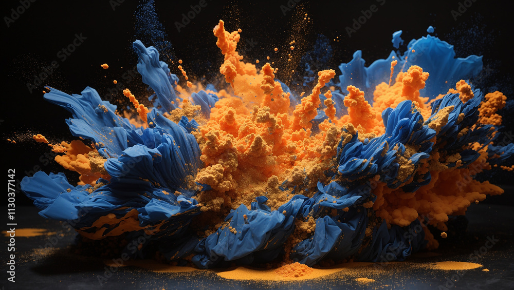 Fototapeta premium A vibrant explosion of orange and blue paint, creating a textured, abstract design.