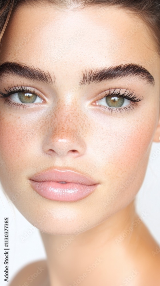 Fototapeta premium Lash Tech woman with beautiful lash extensions. White background beauty shot, medspa beauty editorial closeup eyes, gorgeous lashes instagram feed aesthetic esthetician full lashes volume