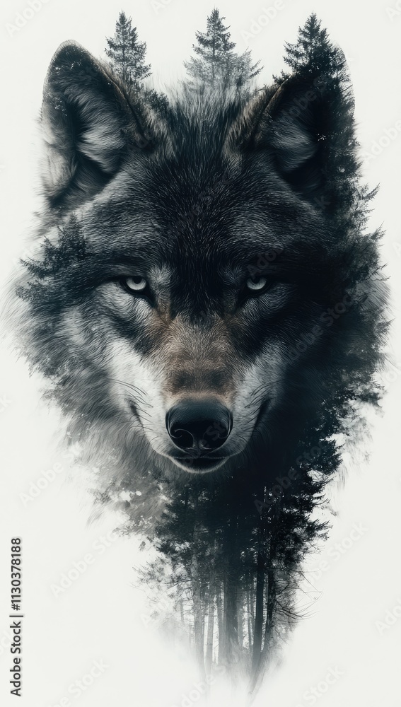 Fototapeta premium Wolf portrait, forest background, double exposure.