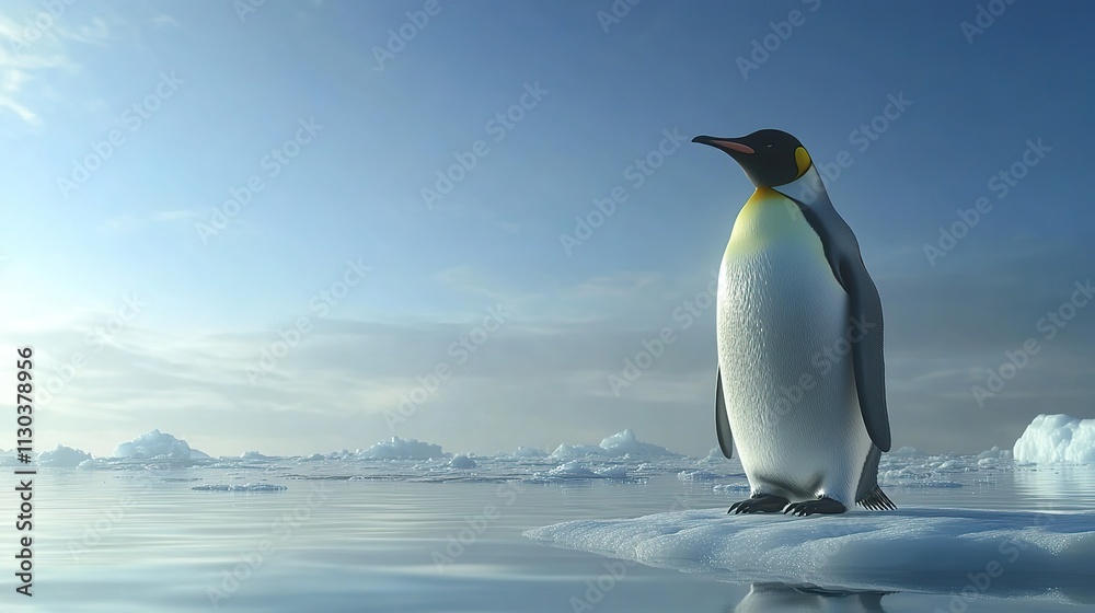 Fototapeta premium An adorable and isolated emperor penguin stands on the ice, a majestic symbol of the harsh yet beautiful polar winter