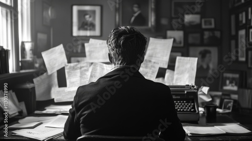 Black-and-white photo of a man working in a cluttered office