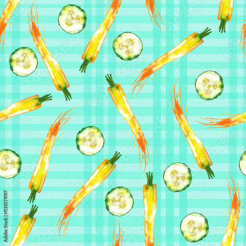 Watercolor vegetable carrot, cucumber pattern on cage background, juicy fresh. Watercolor illustration