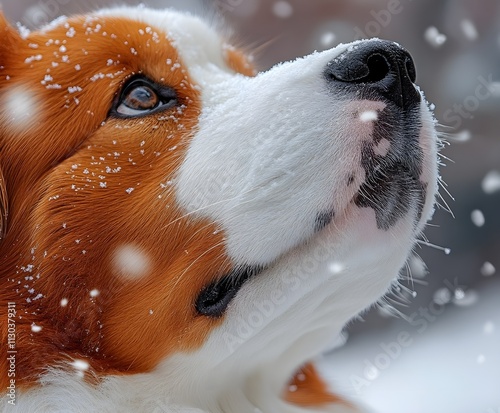 A close-up portrait of an adorable brown and white King Charles Cavalier Spaniel puppy, a domestic canine breed with a thick fur coat, enjoying the winter snow photo