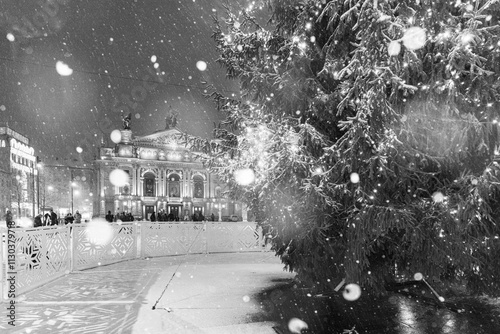 Lviv, Ukraine - December 10, 2024: Christmas tree near Lviv National Opera photo