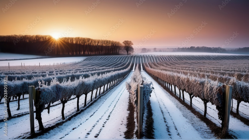 Fototapeta premium Picturesque Vineyard During Winter Sunset with Snow-Covered Rows and Golden Vines