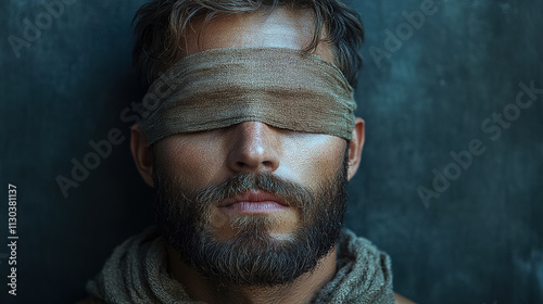 Man with blindfold and beard gazes intensely while surrounded by a textured dark background in this evocative portrait. Generative AI