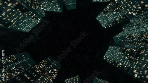 Looking up to the tops of the skyscrapers to the starry night sky.