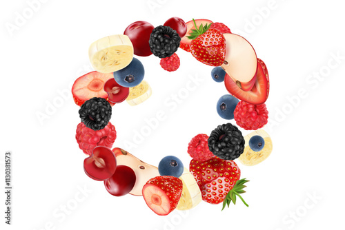 Mixed berries smoothies fruit splashing of Tropical fruits isolated on white background. Vector in 3D illustrations.