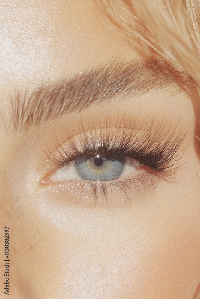 Obraz premium Lash Tech woman with beautiful lash extensions. White background beauty shot, medspa beauty editorial closeup eyes, gorgeous lashes instagram feed aesthetic esthetician full lashes volume