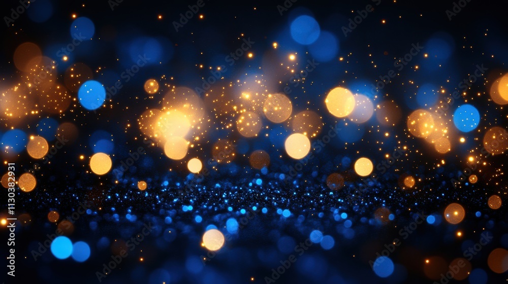 Obraz premium Abstract background with golden and blue lights, glittering bokeh. Black, dark night sky background. New Year, Christmas, or wedding card design