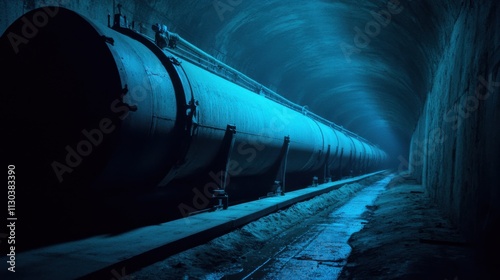 Industrial underground pipeline illuminated by dim blue light within enclosed tunnel. Represents industry, technology, and infrastructure.