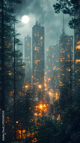 Rainy Night Cityscape: Towers in Forest, Moonlit photo