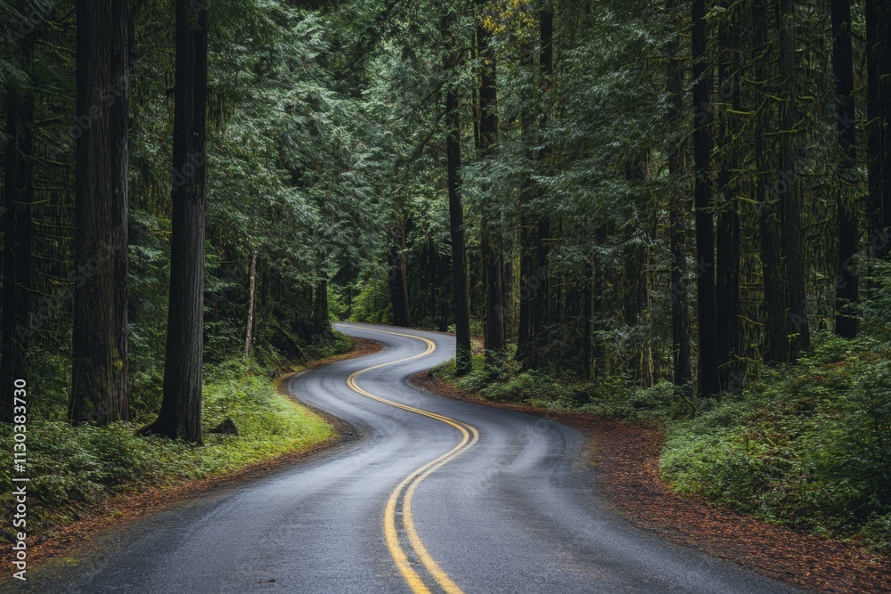 Obraz premium Scenic drive through a lush pine forest in autumn captivating landscape photography peaceful environment with serene curves for nature lovers and adventurers