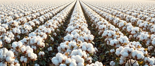 Row upon row of white cotton bolls in a vast field , farm products, sunny day, row crops photo