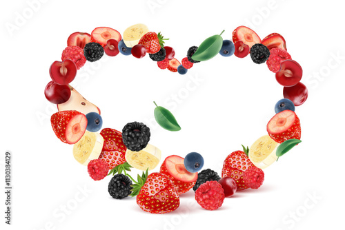 Mixed berries smoothies fruit splashing of Tropical fruits isolated on white background. Vector in 3D illustrations.