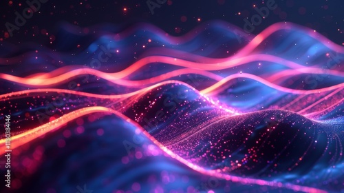 Glowing digital wave with flowing lines and neon accents, surrounded by glitch effects