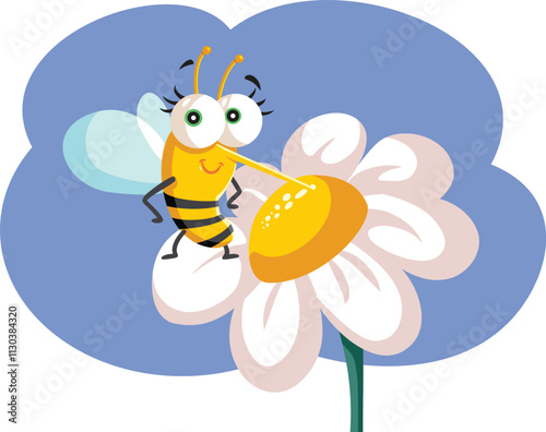 Happy Bee Next to Spring Flower Vector Cartoon Design. Cheerful honeybee flying into colorful plants for pollination 
