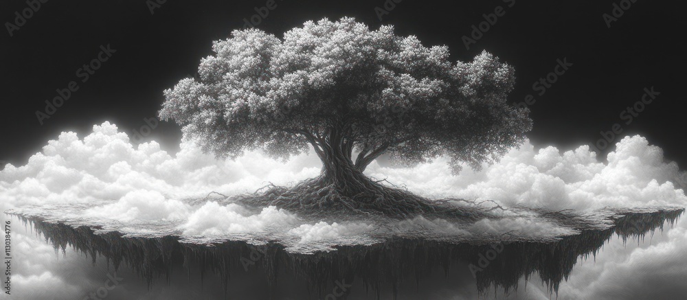 Fototapeta premium Monochrome tree on a floating island amidst clouds.