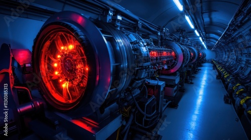 Particle physics laboratory featuring glowing red components showcasing advanced scientific equipment.