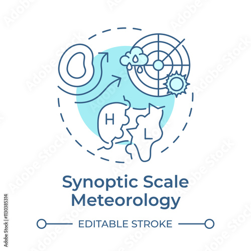 Synoptic scale meteorology soft blue concept icon. Large weather systems analysis. Weather forecasting. Round shape line illustration. Abstract idea. Graphic design. Easy to use in article