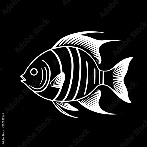 Striped Fish on Black: Elegant stylized illustration of a fish with prominent stripes, set against a stark black background. Perfect for aquatic-themed designs and logos.  photo