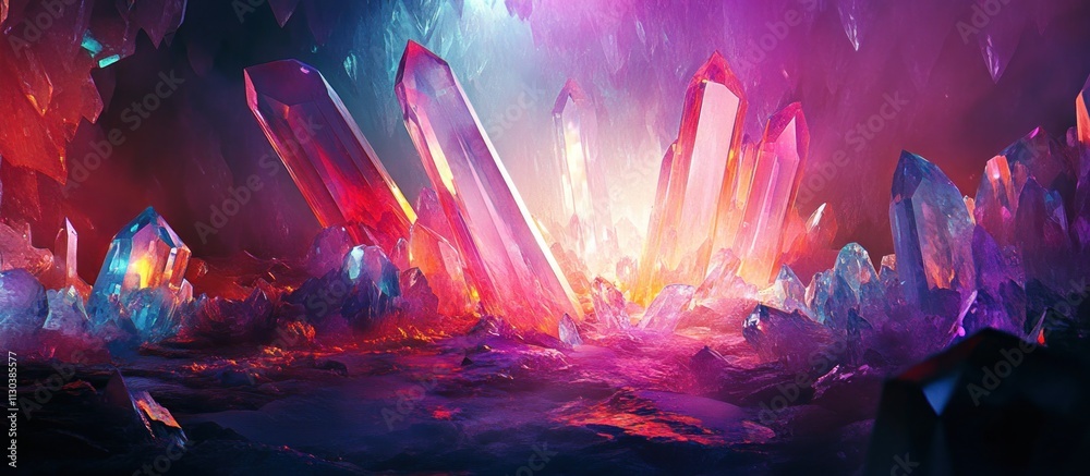 Obraz premium Vibrant Crystal Cave, glowing with magical light, red, pink, blue, purple crystals.