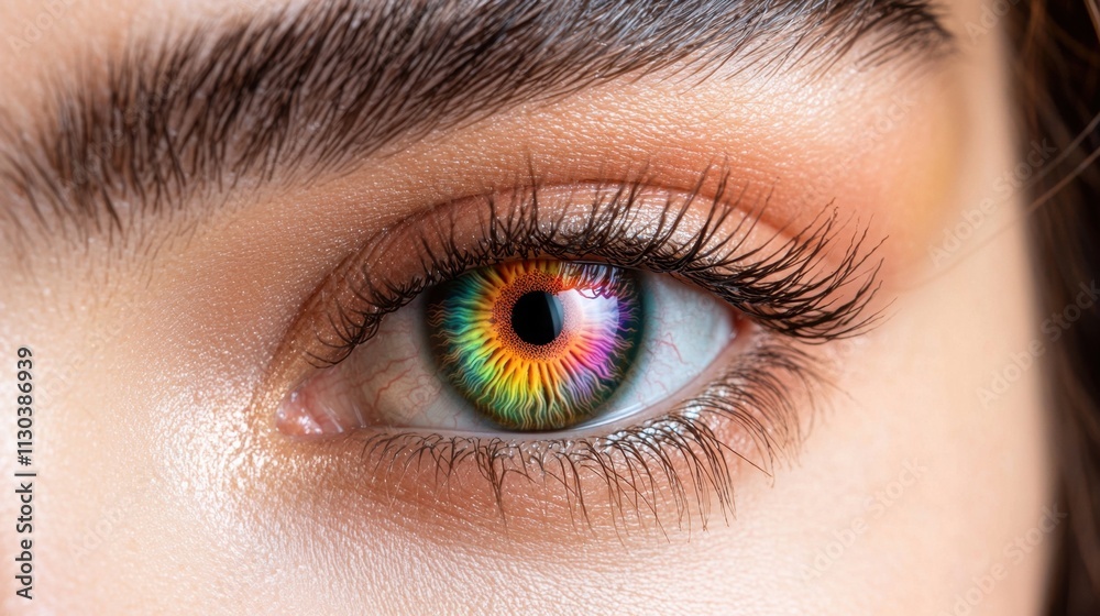 Fototapeta premium A close up image of a female eye with a colorful pupil resembling a vibrant rainbow, created using digital editing techniques.