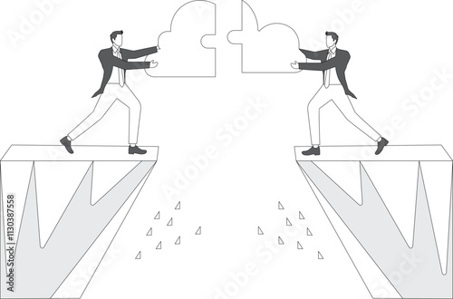 Merger, reorganization or consolidation, cooperation, partnership, teamwork and support, business or friendship bridge, two businessmen joined together in a jigsaw puzzle