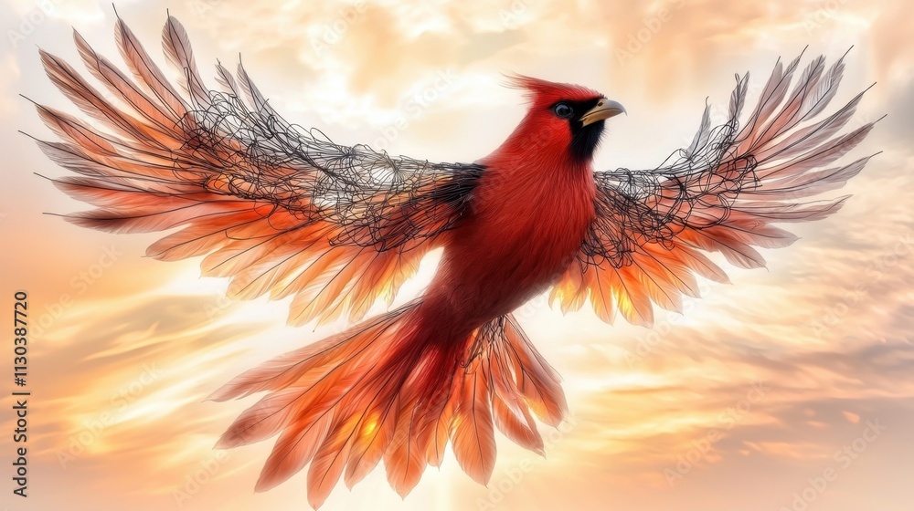 Fototapeta premium The photo collage features a majestic red bird with flaming feathers, soaring through the sky with intricate wire wings spread wide