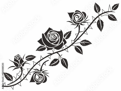 A zigzag border of alternating roses and thorns in monochrome.
