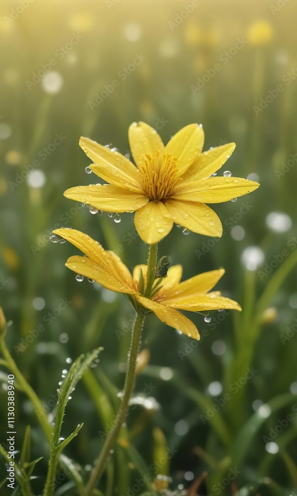 Obraz premium Macro image of yellow flower covered in dew on a windy field, dewy petals, morning dew, natural light, vibrant colors, close-up photography
