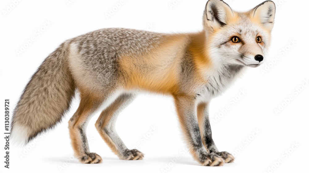 Fototapeta premium A majestic grey arctic fox with sleek, silver paws stands gracefully against a stark white background