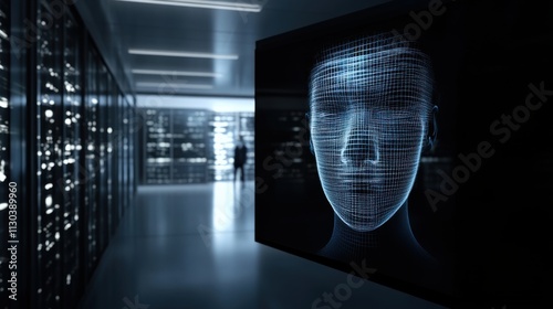 Digital representation of a human face with technological elements in modern background