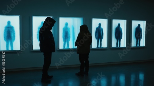 Innovative exhibition showcase featuring human-shaped figures in illuminated blue glass displays in a mysterious dim environment, evoking curiosity, science, and conceptual art themes.