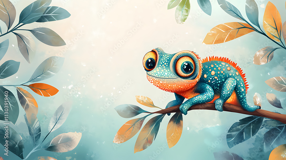 Fototapeta premium Cute Cartoon Chameleon Banner with Copy Space