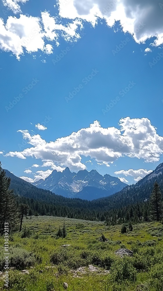 Obraz premium A scenic landscape with snow-capped mountains, lush green valleys, and dramatic cloudscapes