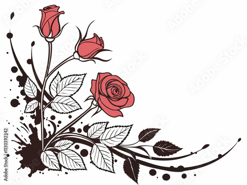 Roses and abstract splashes of ink forming a dynamic, artistic border.
