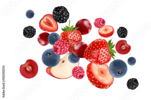 Mixed berries smoothies fruit splashing of Tropical fruits isolated on white background. Vector in 3D illustrations.