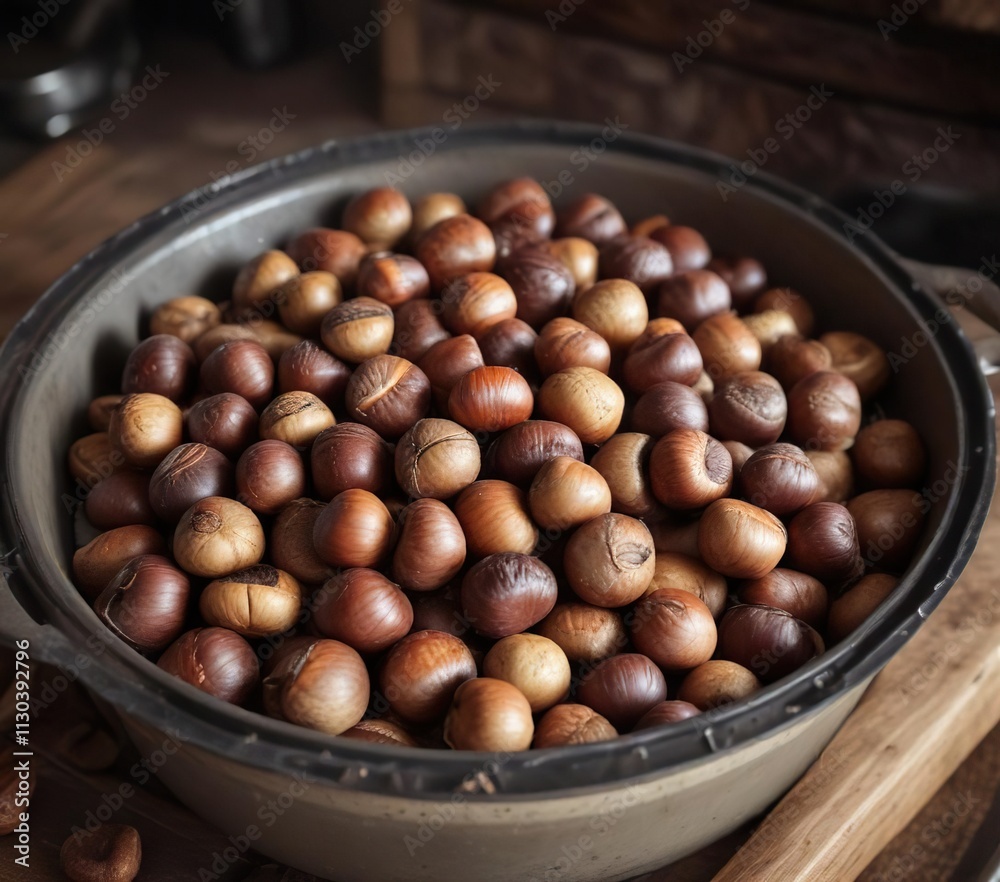 Obraz premium The warmth of a wood-fired oven radiates from within as a bowl of roasted chestnuts is removed, warm comfort, autumnal feasts, hearty appetites