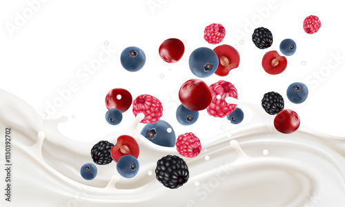 Mixed berries smoothies fruit splashing of Tropical fruits isolated on white background. Vector in 3D illustrations.