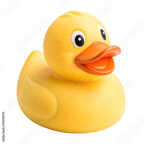 A bright yellow rubber duck with an orange beak and cheerful expression, isolated on a transparent background photo