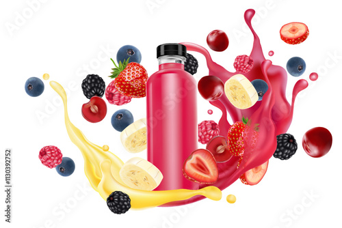 Mixed berries color splashing. Season sweet of tropical fruits. 3d realistic vector, Food concept design. of free space for your texts and branding. Food concepts.