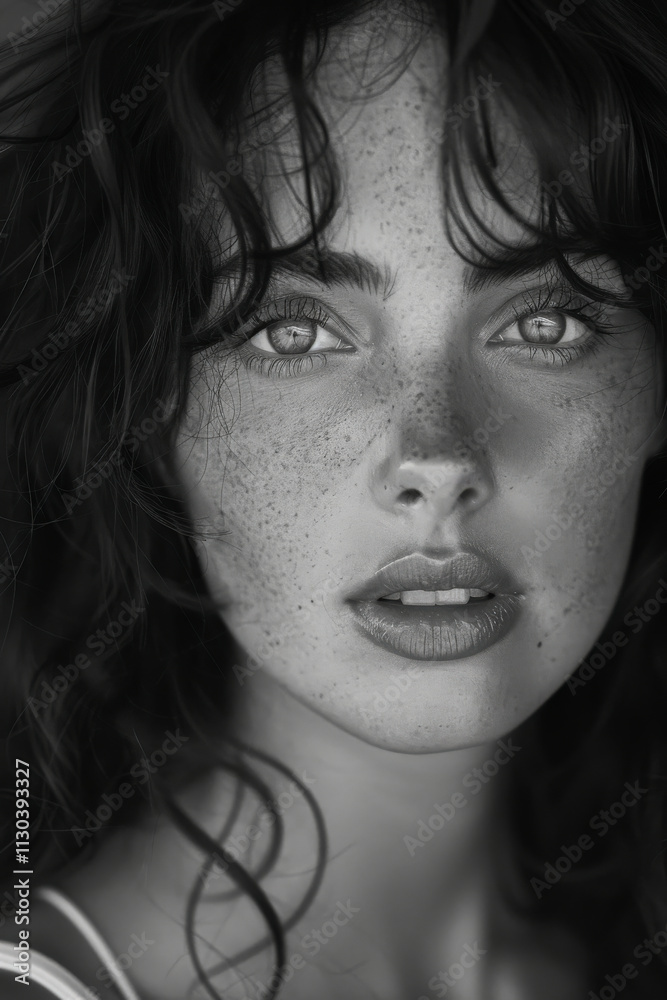 Fototapeta premium A striking black and white portrait showcasing a young woman's freckled face, capturing her intense gaze and natural beauty with soft, dramatic lighting effects.